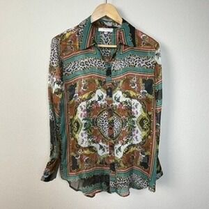 Lavender Brown Silk Scarf Print Button Up Blouse Women's Size M Boho Resort Chic